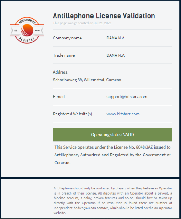 ビットスターズのキュラソーライセンス認証