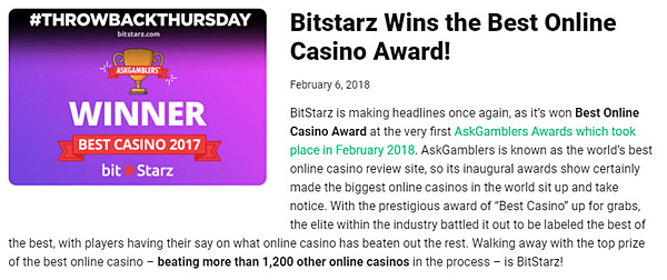 BitStarz AskGamblers Best Casino Award 2017