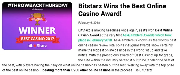 BitStarz AskGamblers Best Casino Award 2017