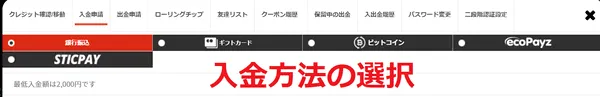 エルドアカジノ 入金方法の選択