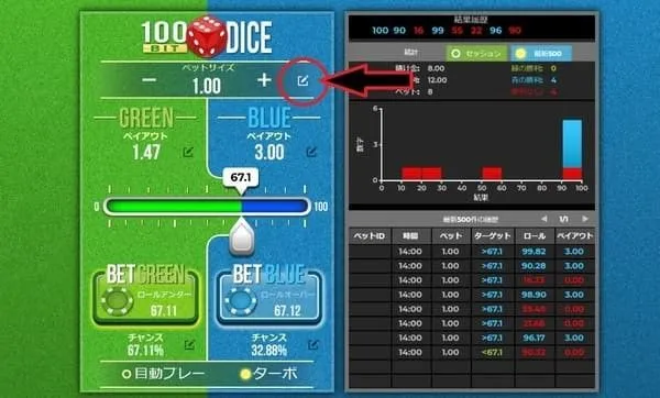100ビットダイスの結果履歴とベット編集