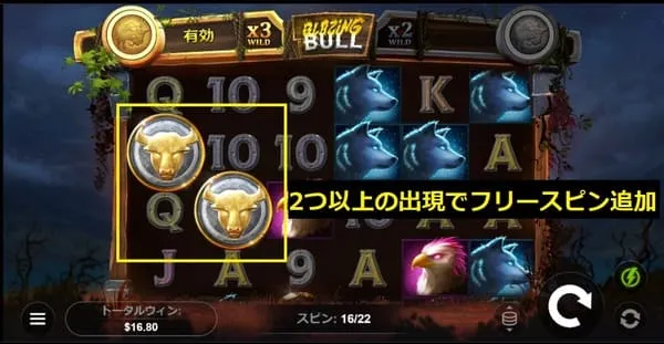 ブレイジングブル ボーナスシンボル2つ出現でフリースピン追加
