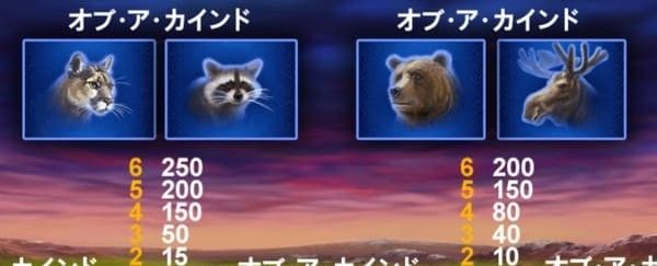 バッファローブリッツの配当表(ピューマ/アライグマ/クマ/シカ)