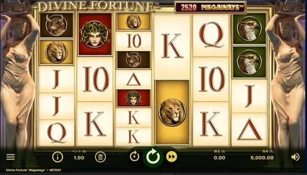 ディヴァインフォーチュン メガウェイズのゲーム画面(6リール・メガウェイズ・JP金額表示)