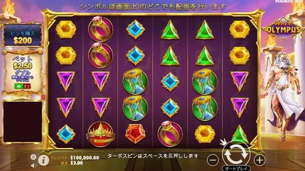 ゲーツオブオリンポス(Gates of Olympus)のゲーム画面全体