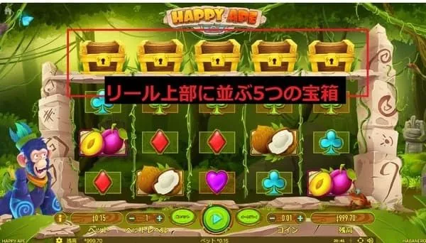 ハッピーエイプの宝箱フィーチャー — リール上部の5つの宝箱