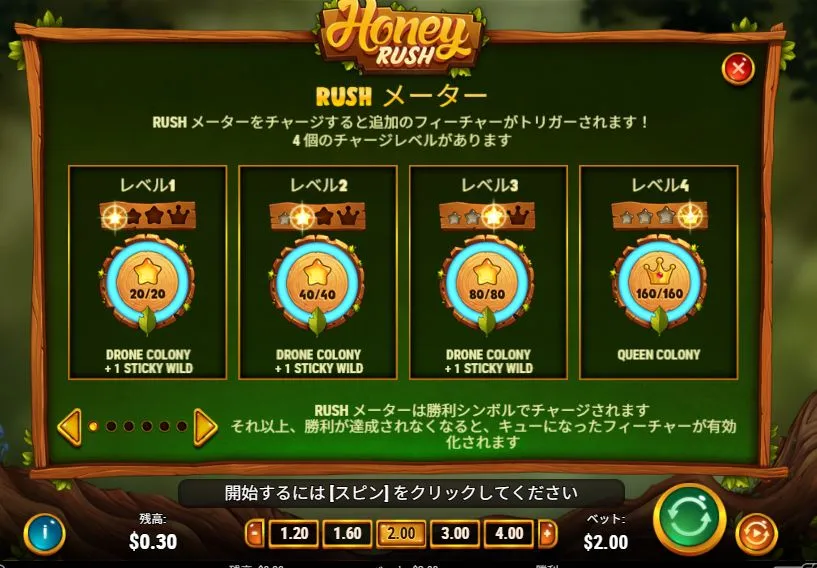 Honey Rush 100の「i」ボタン情報画面