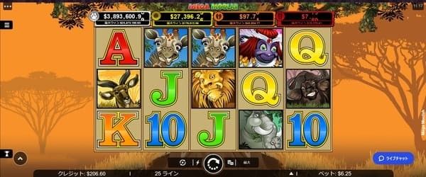 メガムーラー(Mega Moolah)のゲーム画面全体 5リール×3段と上部JP4段階表示