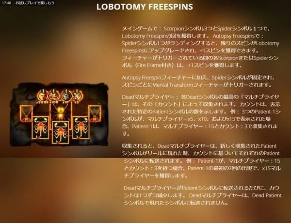 メンタルのLobotomy Freespins解説画面
