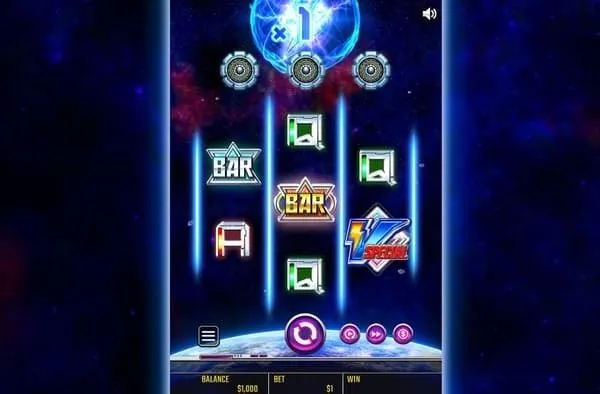 雷撃ライジングX30のゲーム画面全体(3×3リール・マルチプライヤーx1表示・宇宙背景)