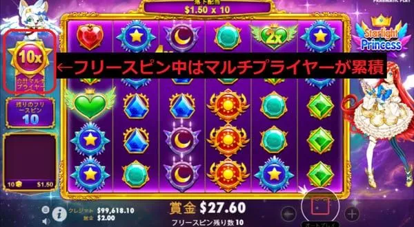 フリースピン中マルチプライヤー累積10x