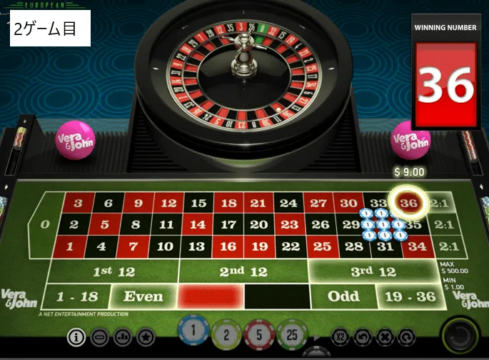 2ゲーム目 赤36でコーナー的中