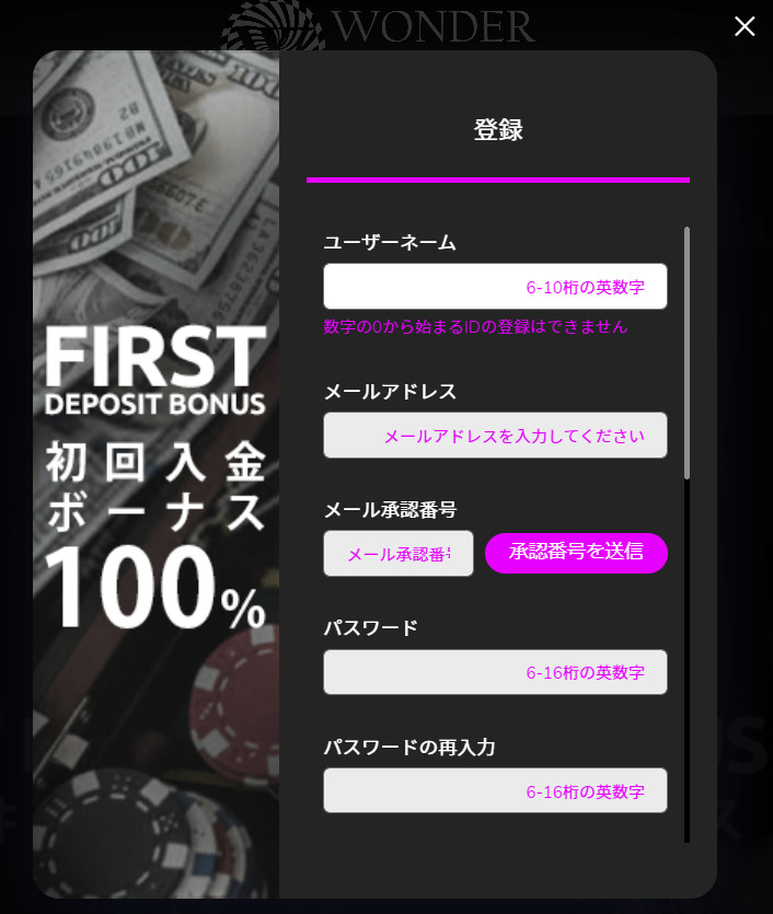 ワンダーカジノ 登録フォーム上